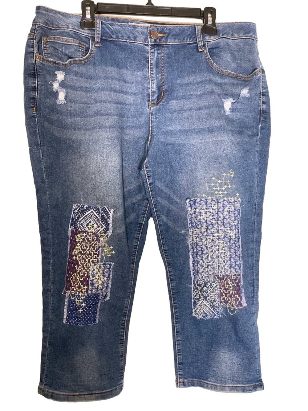 Cato Blue Boro Sashiko Embroidered Patch Capri Jeans 18